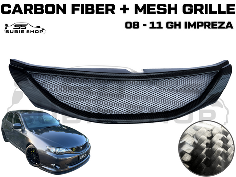 Carbon Fiber + Mesh Front Grille Grill For 08 - 11 GH Subaru Impreza & RS Models